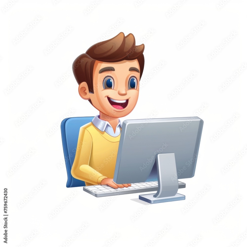 Simple emoji of a person teaching computer software and distance learning, white background