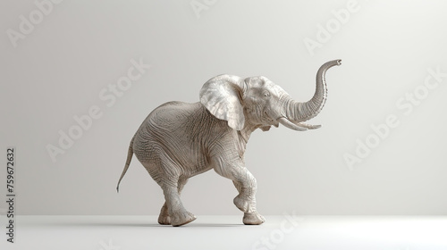 happy elephant with trunk up in air, on neutral white background 