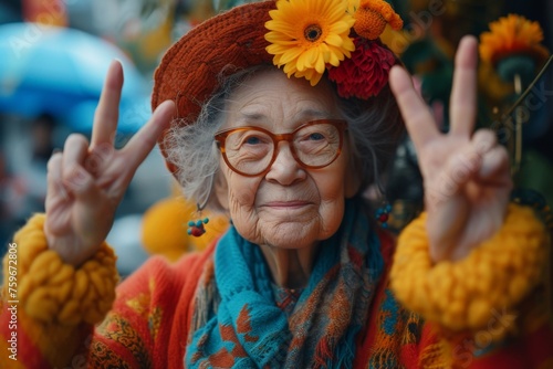 Happy senior woman with glasses and flower in hair making peace sign gesture