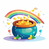 Cauldron with coin and rainbow flat vector illustration
