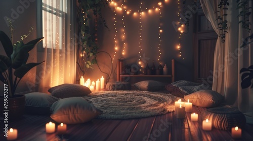 A relaxing, cozy meditation room with cushions, candles and warm lights. © AIExplosion