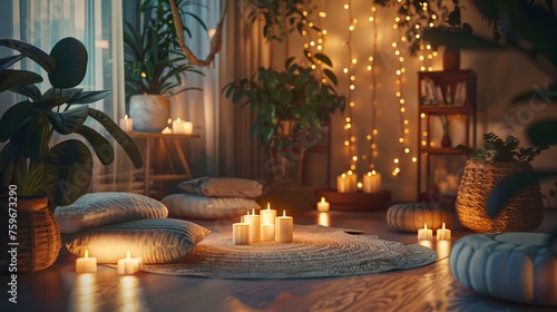 A relaxing, cozy meditation room with cushions, candles and warm lights.