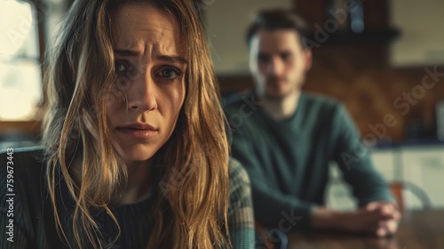 Domestic violence, with a distressed, abused woman in the foreground - and the blurry abusive man in the back.