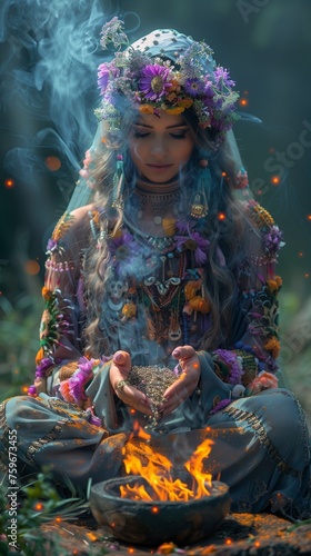 Ethereal forest shaman with ritual fire: mystical woman performs a spiritual ritual with fire amidst a foggy woodland setting