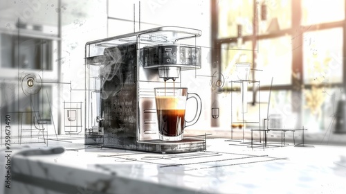 Sketch of an espresso machine pouring fresh black coffee into a glass coffee cup. photo