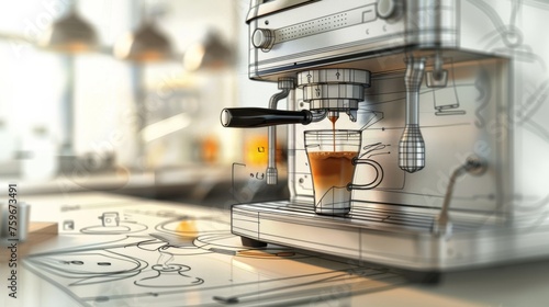 Sketch of an espresso machine pouring fresh black coffee into a glass coffee cup.