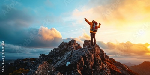 Hiker with backpack raising arms up on the top of the mountain - Successful man celebrating victory, Generative AI © Lens Lullabies