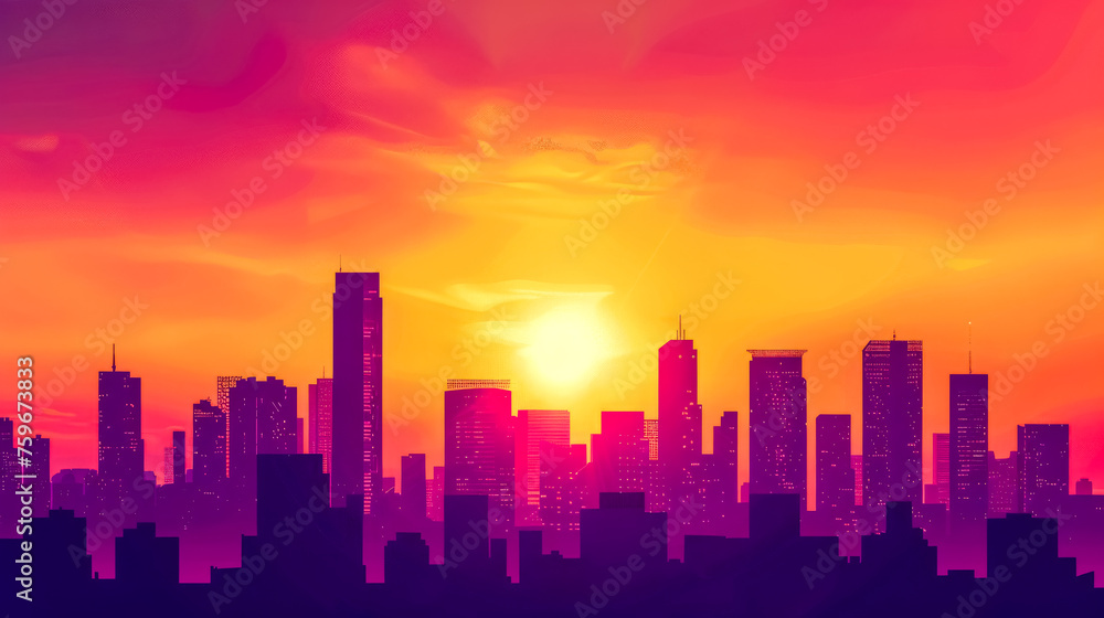Vibrant cityscape silhouette at sunset
