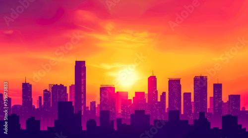 Vibrant cityscape silhouette at sunset
