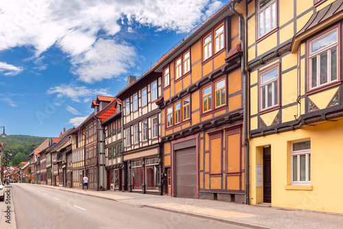 Medieval street with half-timbered houses in Wernigerode, Saxony-Anhalt, Germany