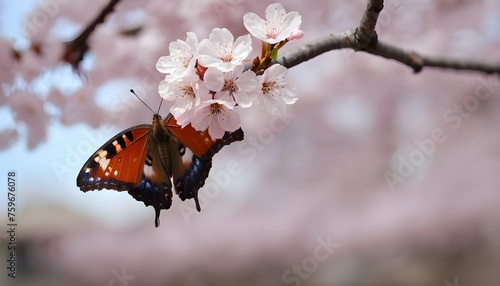 A Butterfly Resting On A Branch Of Cherry Blossoms