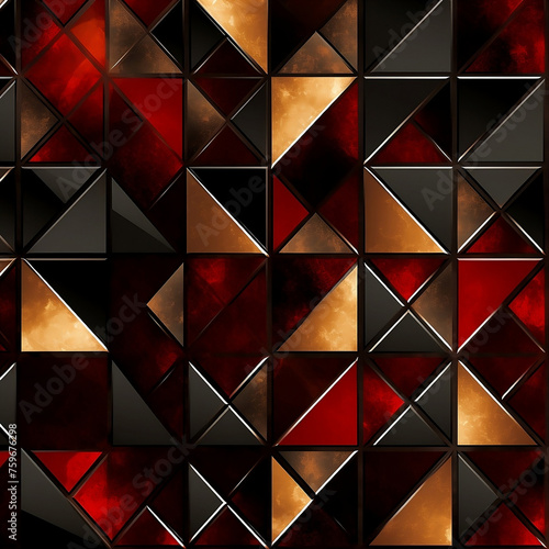 A modern pattern with metallic red and brown triangles. The background is dark black to highlight the color of each triangle in the foreground. It is an elegant geometric pattern, 1:1.