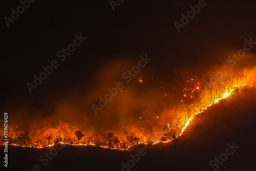 Orange forest fire rages in the mountains at night in Chiang Mai. It causes enormous amounts of toxic dust and smoke. Fires continue to burn, destroying forests and wildlife during the summer.