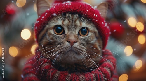 portrait of a cat in red hat in winter 