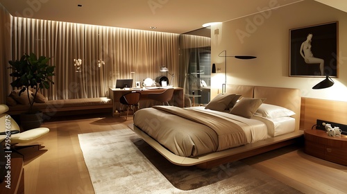 Modern style large bedroom with a floating bed frame and a study area furnished with a sleek desk and a comfortable desk chair