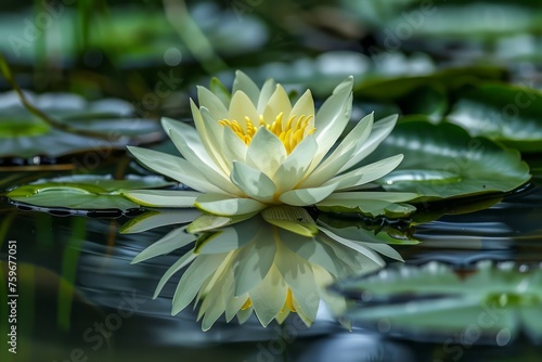 Serene Water Lily Bloom Floating on Tranquil Pond Water Surrounded by Lush Green Lily Pads in Natural Setting - Perfect for Peaceful and Botanical Themes