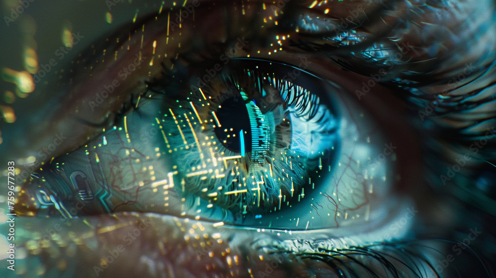 An extreme close-up of an eye with holographic overlays showcasing intricate security patterns, symbolizing the intersection of technology and surveillance. 8K.