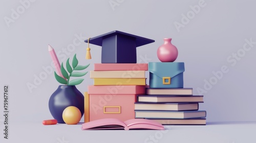 Wallpaper Mural The concept of obtaining higher education and distance learning. A pile of books, a graduation cap, and learning tools. 3D display. clarification. Torontodigital.ca