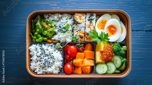 Deliciously Organized: A Bento Lunchbox with Thoughtfully Arranged Compartments - Experience the culinary delight of neatly partitioned food in a traditional bento lunchbox.