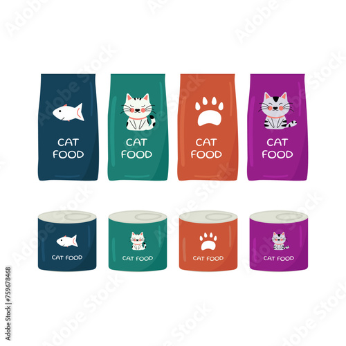 A set of dry cat food in packages, and canned food for cats in jars. Blue, green, orange, purple. Pet food and treats. The concept of a pet store, goods for animals. Vector illustration eps 10.