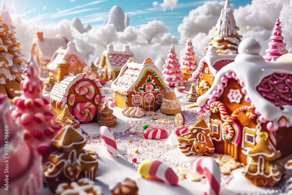Dreamy landscape filled with gingerbread houses, candy canes, and icing-covered goodies