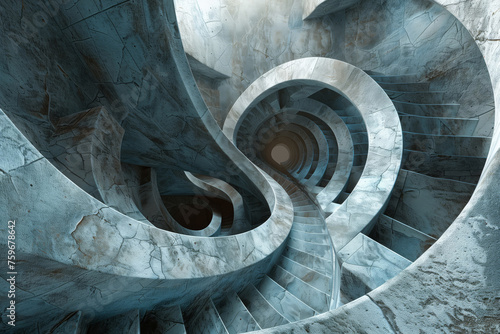 Intricate and mesmerizing abstract fractal spiral architecture with cool tones and surreal depth. Featuring a 3d render of a staircase in a stunning geometric design photo