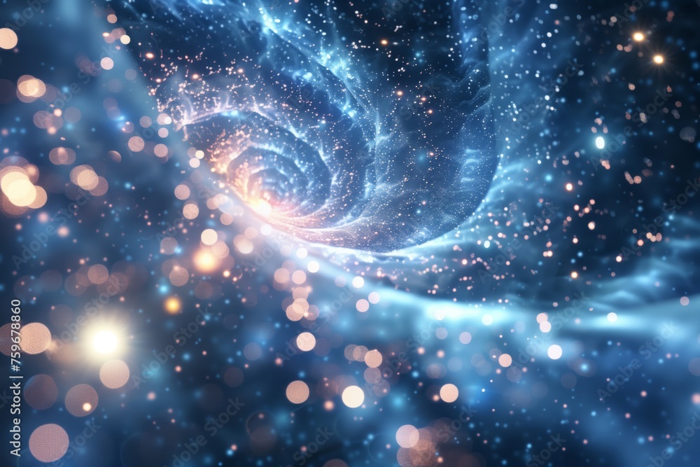 Digital art of a cosmic spiral amidst stardust in the milky way galaxy. A celestial and abstract representation of the universe in deep space Digital art of a cosmic spiral amidst stardust in the milky way galaxy. A celestial and abstract representation of the universe in deep space