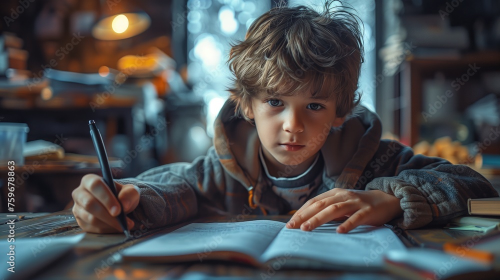 a young boy is writing on this sheet of paper, in the style of dark gray and navy a young boy is writing on this sheet of paper, in the style of dark gray and navy