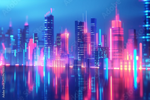 Abstract  vibrant illustration of a city skyline at night with neon light reflections
