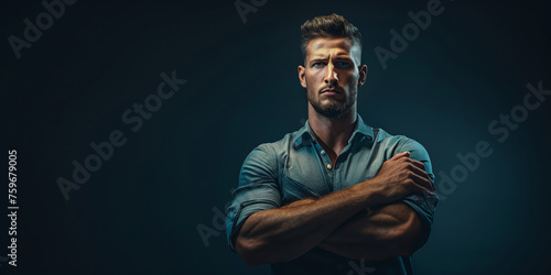 A young, confident man stands with arms crossed on a teal background giving off a strong, determined vibe photo