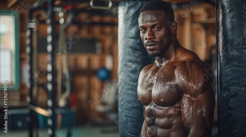 A muscular man training with a heavy bag in a gym, intense focus, sweat glistening, gym environment with various equipment in the background, movement and strength, dramatic lighting photo