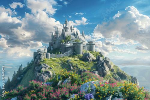 Fantastical castle atop a lush, flower-covered hill against a backdrop of blue skies and fluffy clouds