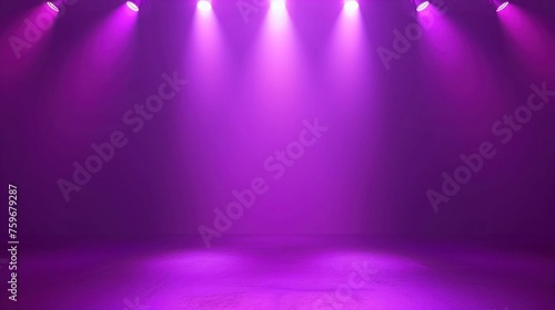 Abstract purple background of empty room with neon glow spotlights and lights