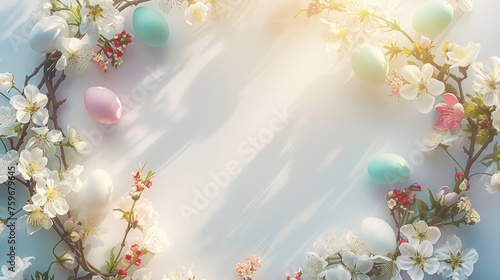 Decorative Easter wreath with bright eggs and spring flowers. Handmade Easter wreath. Top view. Generative AI
