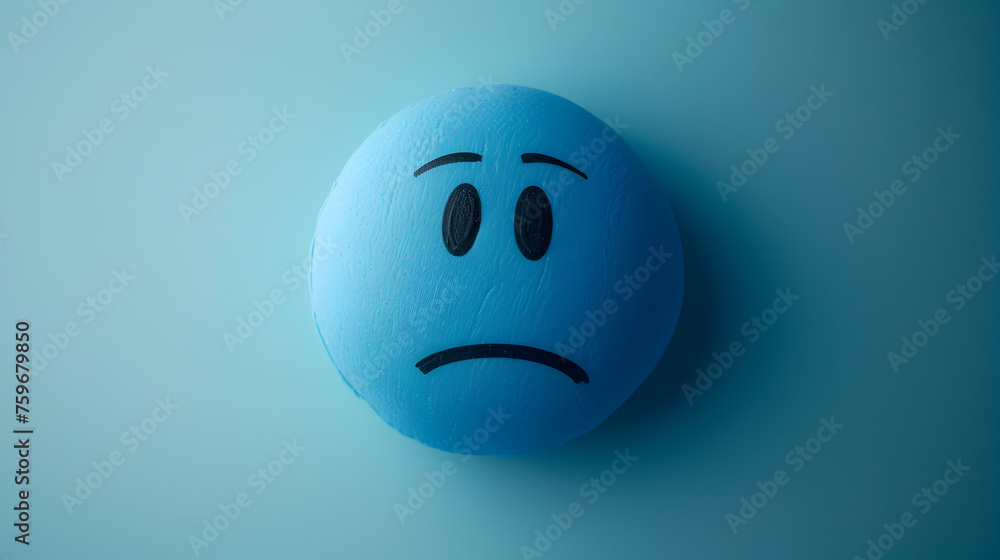 Blue Monday concept. Sad emoji face on light blue background Blue Monday concept. Sad emoji face on light blue background