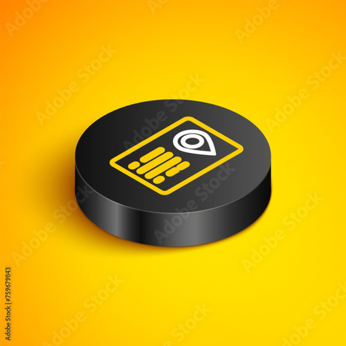 Isometric line Address book icon isolated on yellow background. Telephone directory. Black circle button. Vector