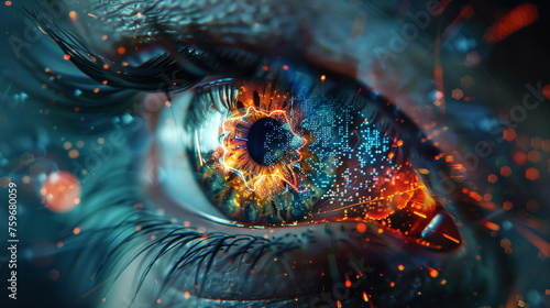 A detailed view of a human eye overlaid with virtual holographic elements, representing the fusion of biometric data for advanced digital identification. 8K.