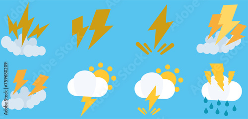 Thunder bolt set icon. Flash lightning. Shopping sale and fast promotion. Lightning strike emoji. Power and energy. Cartoon creative design elements isolated on sky background