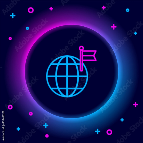 Glowing neon line Planet with flag icon isolated on black background. Victory, winning and conquer adversity concept. Colorful outline concept. Vector