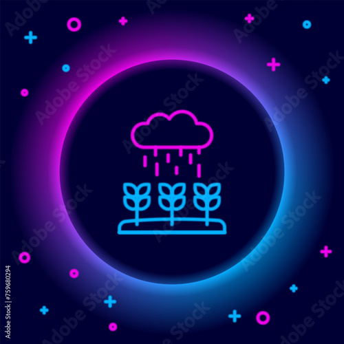 Glowing neon line Plant sprouts grow in the rain icon isolated on black background. Seedling concept. Colorful outline concept. Vector