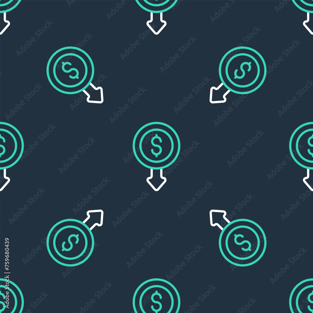 Line Dollar rate decrease icon isolated seamless pattern on black background. Cost reduction. Money symbol with down arrow. Business lost crisis decrease. Vector Line Dollar rate decrease icon isolated seamless pattern on black background. Cost reduction. Money symbol with down arrow. Business lost crisis decrease. Vector