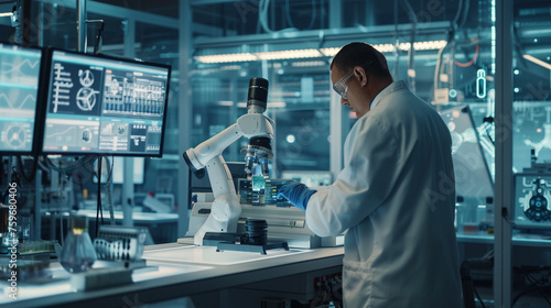 A high-tech laboratory scene capturing a scientist using advanced robotics for precise experiments, with monitors displaying complex data in the background. 8K