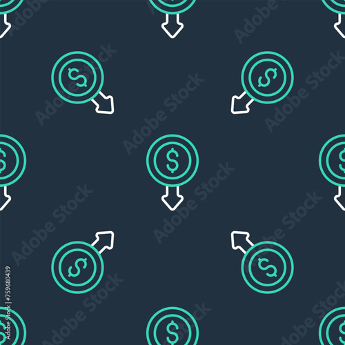 Line Dollar rate decrease icon isolated seamless pattern on black background. Cost reduction. Money symbol with down arrow. Business lost crisis decrease. Vector