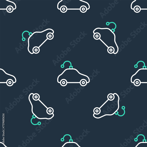 Line Radio controlled car toy icon isolated seamless pattern on black background. Control remote car toy. Vector