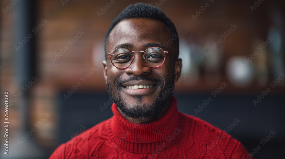 A man with glasses is smiling and wearing a red sweater. The image conveys a friendly atmosphere. Portrait of a black man standing smiling at the camera, wearing a red turtleneck and glasses round A man with glasses is smiling and wearing a red sweater. The image conveys a friendly atmosphere. Portrait of a black man standing smiling at the camera, wearing a red turtleneck and glasses round