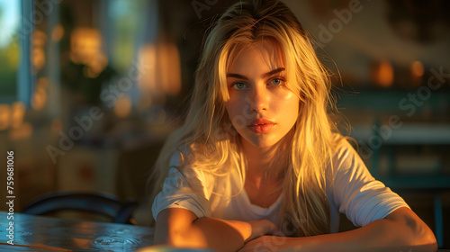 Portrait of a blond young woman, sitting at a table, sony alpha a1, studio portrait, performance