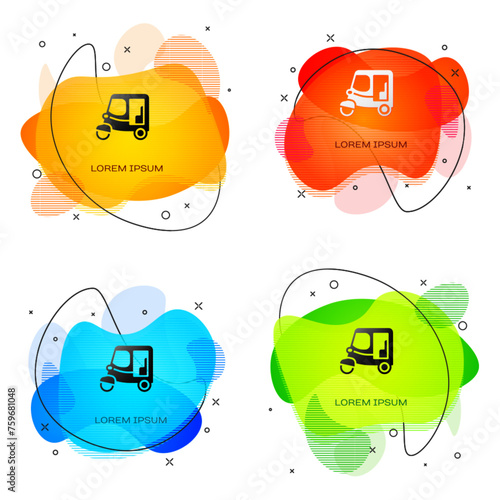 Black Taxi tuk tuk icon isolated on white background. Indian auto rickshaw concept. Delhi auto. Abstract banner with liquid shapes. Vector