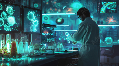A laboratory filled with the soft glow of bioluminescent organisms, as a scientist in a white coat observes their behavior under controlled conditions. 8K
