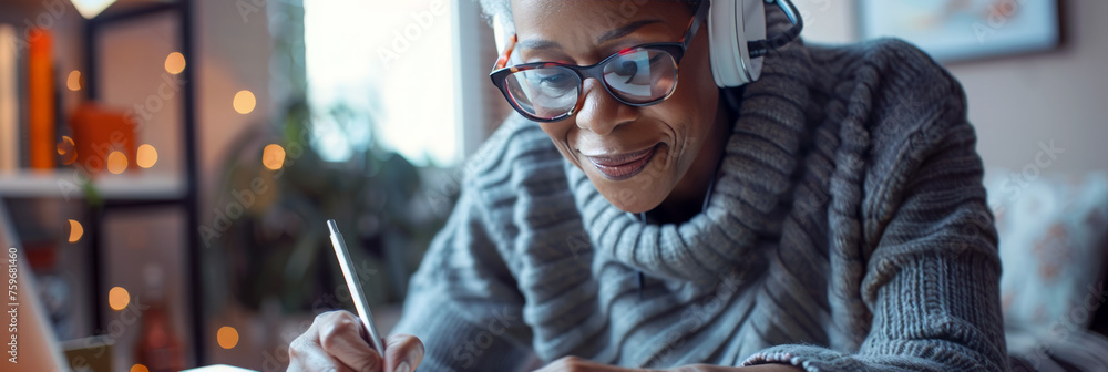 Elderly african american  woman freelancer  with headphone, hands holding stylus pen and working on digital tablet pc at home.  Portrait of senior woman writing making notes on tablet computer  - obrazy, fototapety, plakaty 