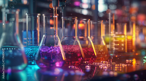 A laboratory scene capturing the moment a scientist adds a catalyst to a reaction, with colorful liquids swirling in glassware against a backdrop of high-tech instrumentation. 8K
